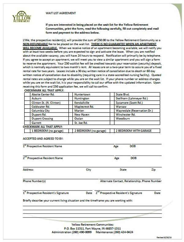 Yellow Retirement Senior Apartments Indiana Wait List